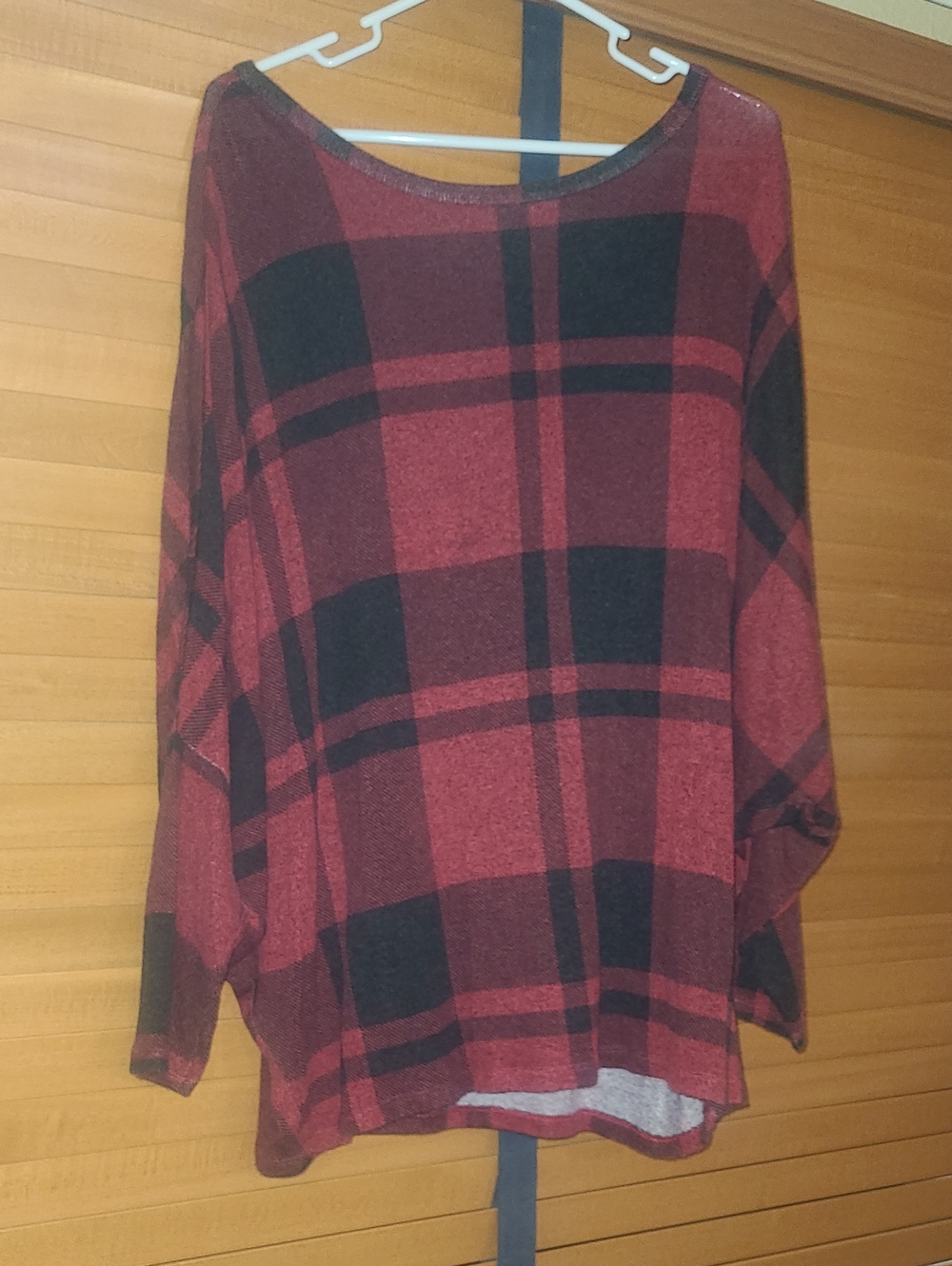 Plaid Scoop Neck Sweater in Red and Black With Bat Wing Sleeves
